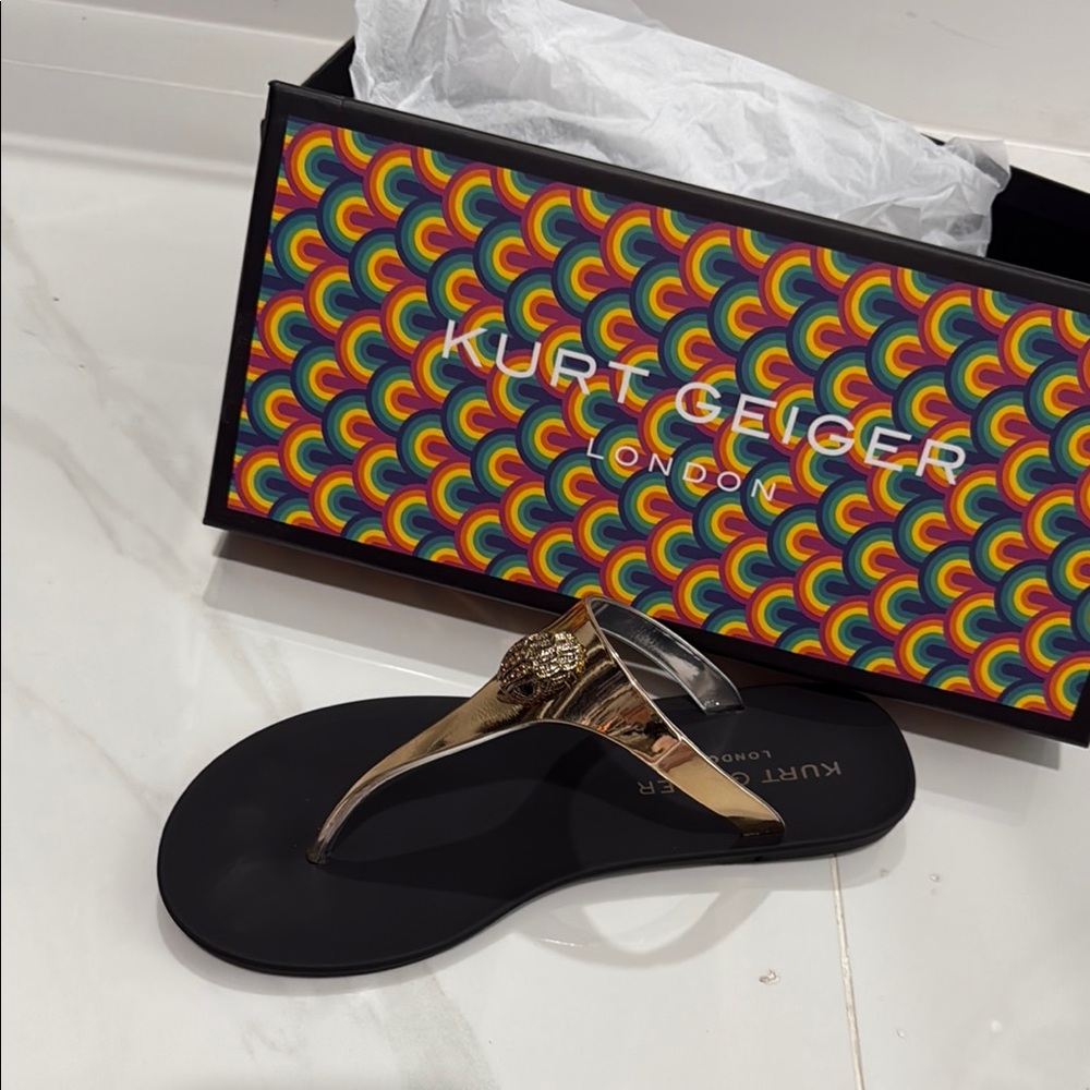 Kurt Geiger Black and Gold Flip Flops